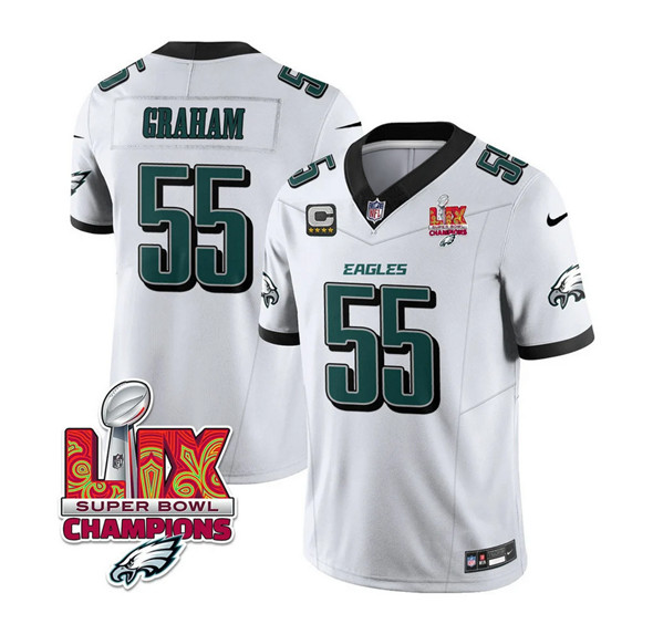 Men's Philadelphia Eagles #55 Brandon Graham White 2025 Eagles Logo Super Bowl LIX Patch And 4-Star C Patch New F.U...