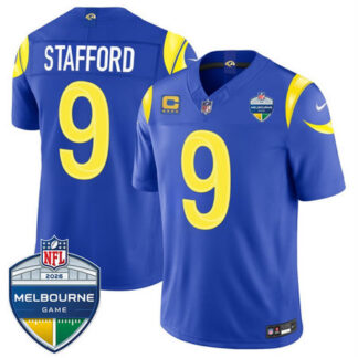 Men's Los Angeles Rams #9 Matthew Stafford Royal 2026 4-Star C Patch And Melbourne Game Patch Vapor F.U.S.E. Limite...