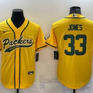 Men's Green Bay Packers #33 Aaron Jones Yellow With Patch Cool Base Stitched Baseball Jersey