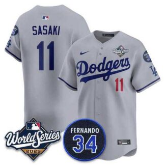 Men's Los Angeles Dodgers #11 Roki Sasaki Gray 2025 World Series With No. 34 Patch Limited Stitched Jersey