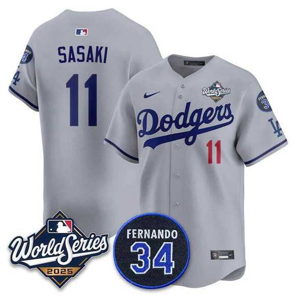 Men's Los Angeles Dodgers #11 Roki Sasaki Gray 2025 World Series With No. 34 Patch Limited Stitched Jersey