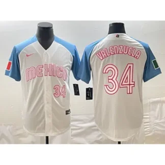 Men's Mexico Baseball #34 Fernando Valenzuela 2023 White Blue World Baseball Classic Stitched Jersey KMXV