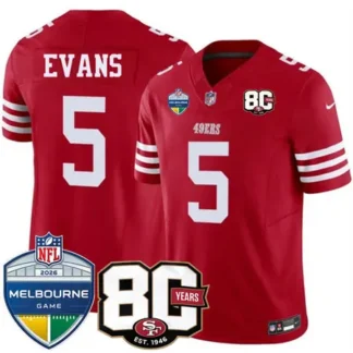 Men's San Francisco 49ers #5 Mike Evans Red 80th Anniversary And Melbourne Game Patch 2026 Vapor F.U.S.E. Untouchab...