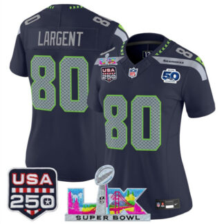 Women's Seattle Seahawks #80 Steve Largent Navy 2025 F.U.S.E. Super Bowl LX Patch And 50th Season & USA 250' Patch...