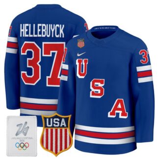 Mens Womens Youth USA Hockey 2026 Olympic #37 Connor Hellebuyck Royal Nike Premium Stitched Jersey