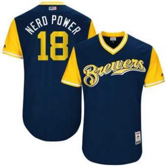 Milwaukee Brewers #18 Eric Sogard Nerd Power Majestic Navy 2017 Players Weekend Jersey JiaSu