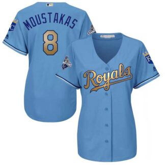 Glued Women Kansas City Royals #8 Mike Moustakas Light Blue FlexBase 2015 World Series Champions Gold Program Baseb...