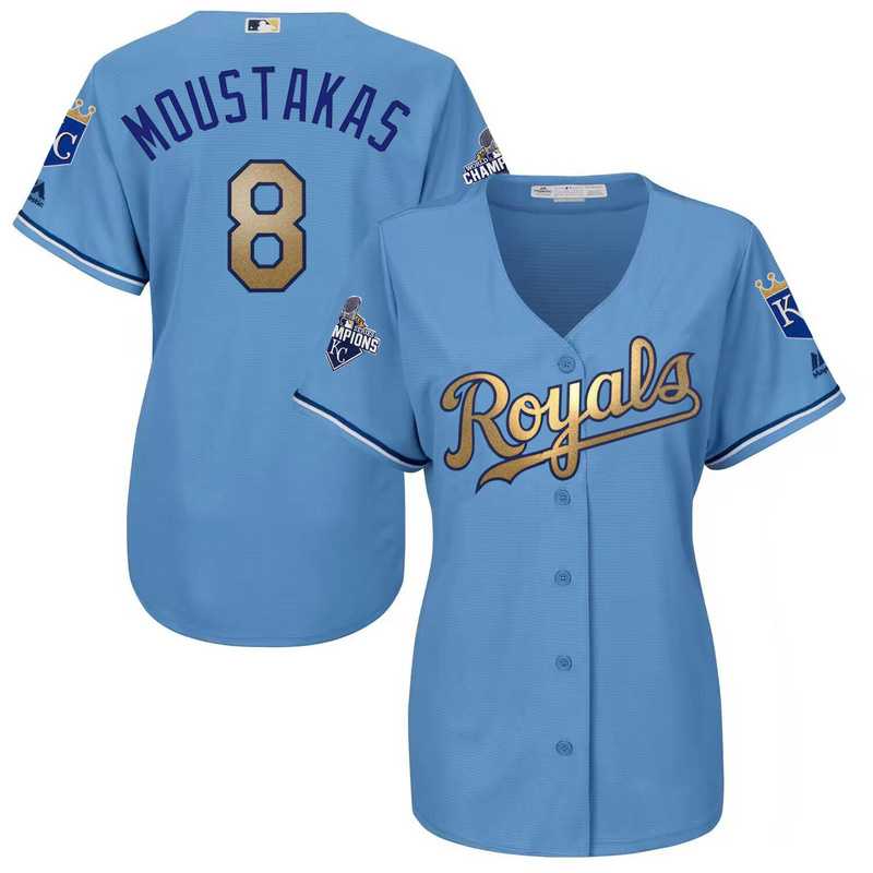 Glued Women Kansas City Royals #8 Mike Moustakas Light Blue FlexBase 2015 World Series Champions Gold Program Baseb...