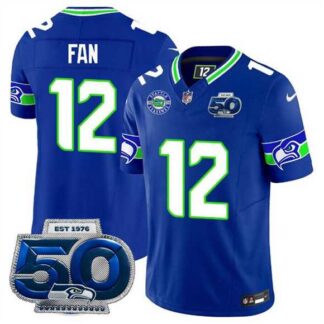 Men's Seattle Seahawks #12 Fan Royal 2025 F.U.S.E 50th Season Patch Throwback Vapor Limited Stitched Jersey Dzhi