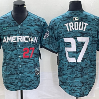 Men's Los Angeles Angels #27 Mike Trout Number Teal 2023 All Star Cool Base Stitched Jersey