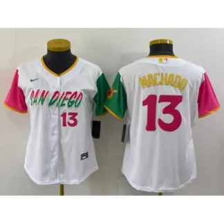 Women's San Diego Padres #13 Manny Machado 2022 White City Connect Cool Base Stitched Baseball Jersey(Run Small) PMUW