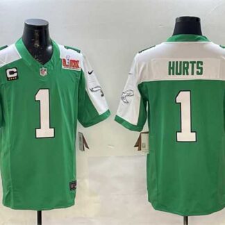 Men's Philadelphia Eagles #1 Jalen Hurts Green White 2025 Super Bowl LIX Patch And 4-Star C Patch F.U.S.E. Vapor Un...