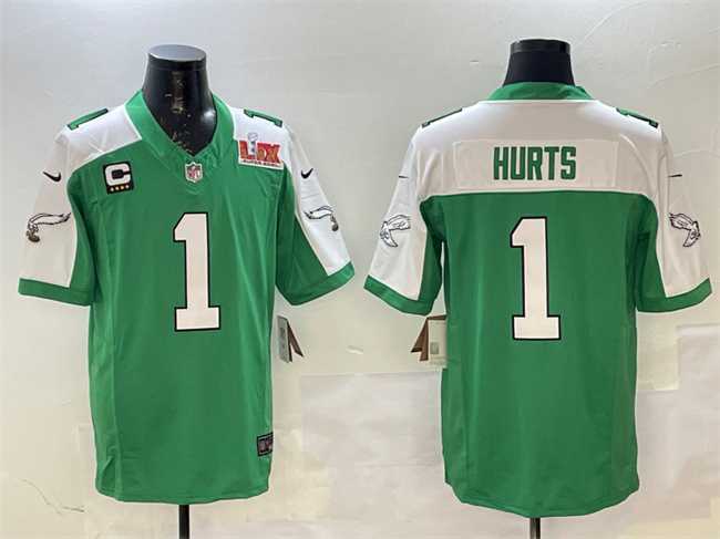 Men's Philadelphia Eagles #1 Jalen Hurts Green White 2025 Super Bowl LIX Patch And 4-Star C Patch F.U.S.E. Vapor Un...