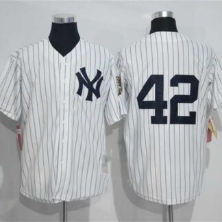 New York Yankees #42 Mariano Rivera Mitchell And Ness White Strip Stitched Baseball Jersey