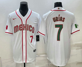 Men’s Mexico Baseball #7 Julio Urias Number 2023 White Blue World Baseball Classic Stitched Jersey1