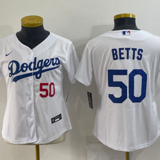 Women's Los Angeles Dodgers #50 Mookie Betts White With Red Stitched MLB Cool Base Nike Jersey