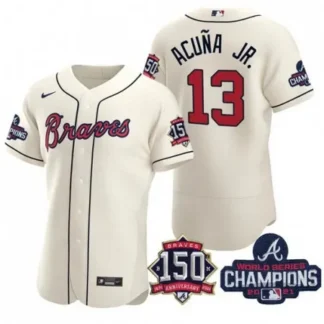 Men's Atlanta Braves #13 Ronald Acuna Jr. 2021 Cream World Series Champions With 150th Anniversary Flex Base Stitch...