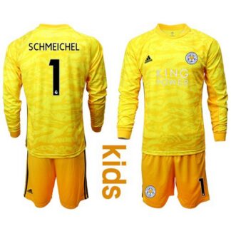 Leicester City #1 Schmeichel Yellow Goalkeeper Long Sleeves Kid Soccer Club Jersey