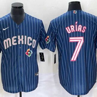 Men's Mexico Baseball #7 Julio Urias Navy Blue Pinstripe 2020 World Series Cool Base Nike Jersey 1