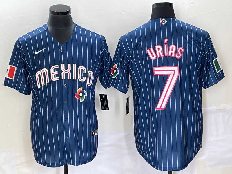 Men's Mexico Baseball #7 Julio Urias Navy Blue Pinstripe 2020 World Series Cool Base Nike Jersey 1