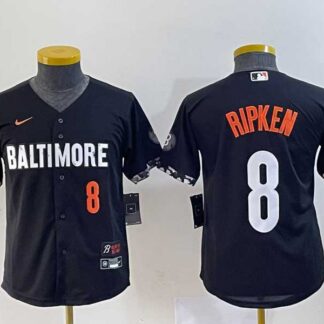 Youth Baltimore Orioles #8 Cal Ripken Jr Number Black 2023 City Connect Cool Base Jersey