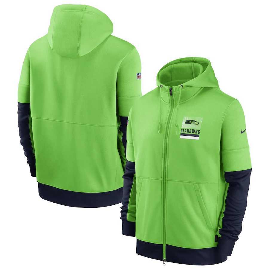 Men's Seattle Seahawks New 2020 Nike Green Black Fan Gear Mascot Performance Full Zip Hoodie