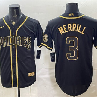 Men's San Diego Padres #3 Jackson Merrill Black Gold With Patch Stitched Baseball Jersey